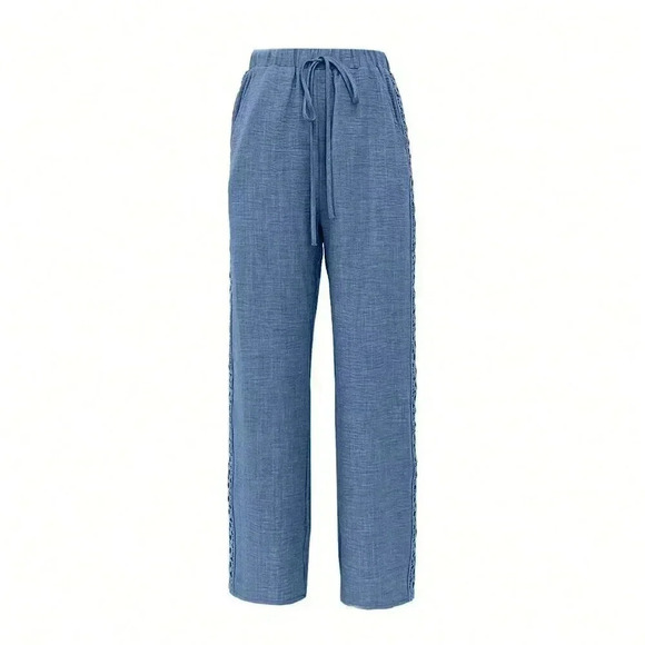 Blue Casual Women's Imitation Denim Linen Blend Side Lace Insert Long Pants - Picture 3 of 4